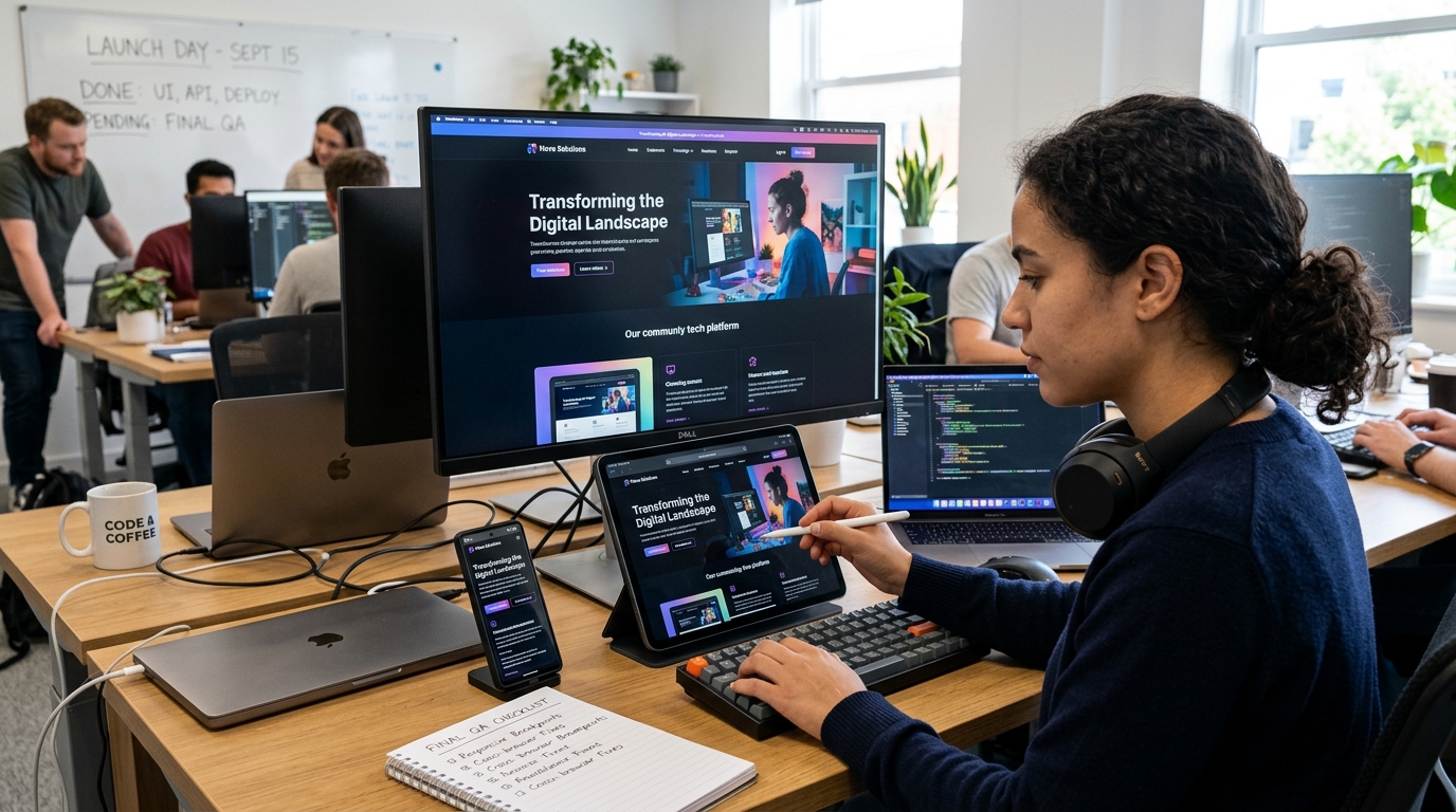 Modern website displayed on multiple devices during final quality testing, with a developer checking the desktop, tablet and mobile versions before launch.