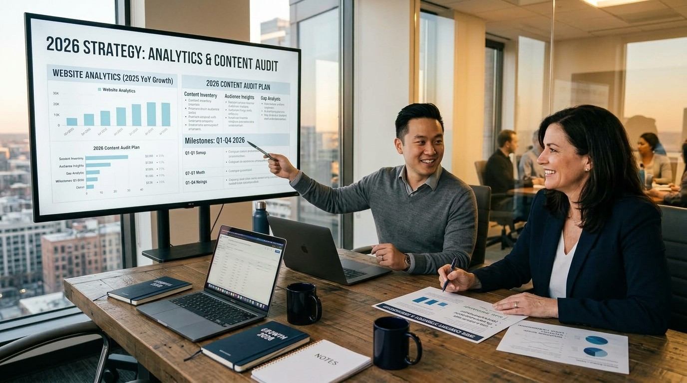 content audit A UK business owner reviewing website analytics and content audit strategy with an agency partner, emphasising collaboration, transparency, and long-term partnership.