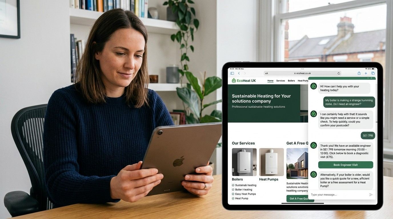 An AI chatbot interface on a UK business website or mobile app, showing practical use of AI agents for customer service and lead capture.