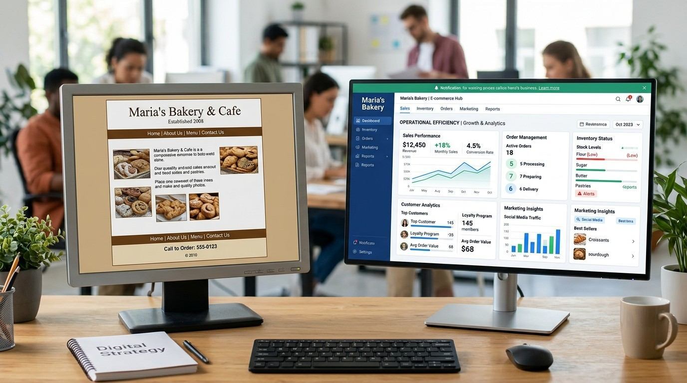 Two screens placed on the work desk showing a basic small retailer website evolving into an integrated e-commerce and analytics dashboard.