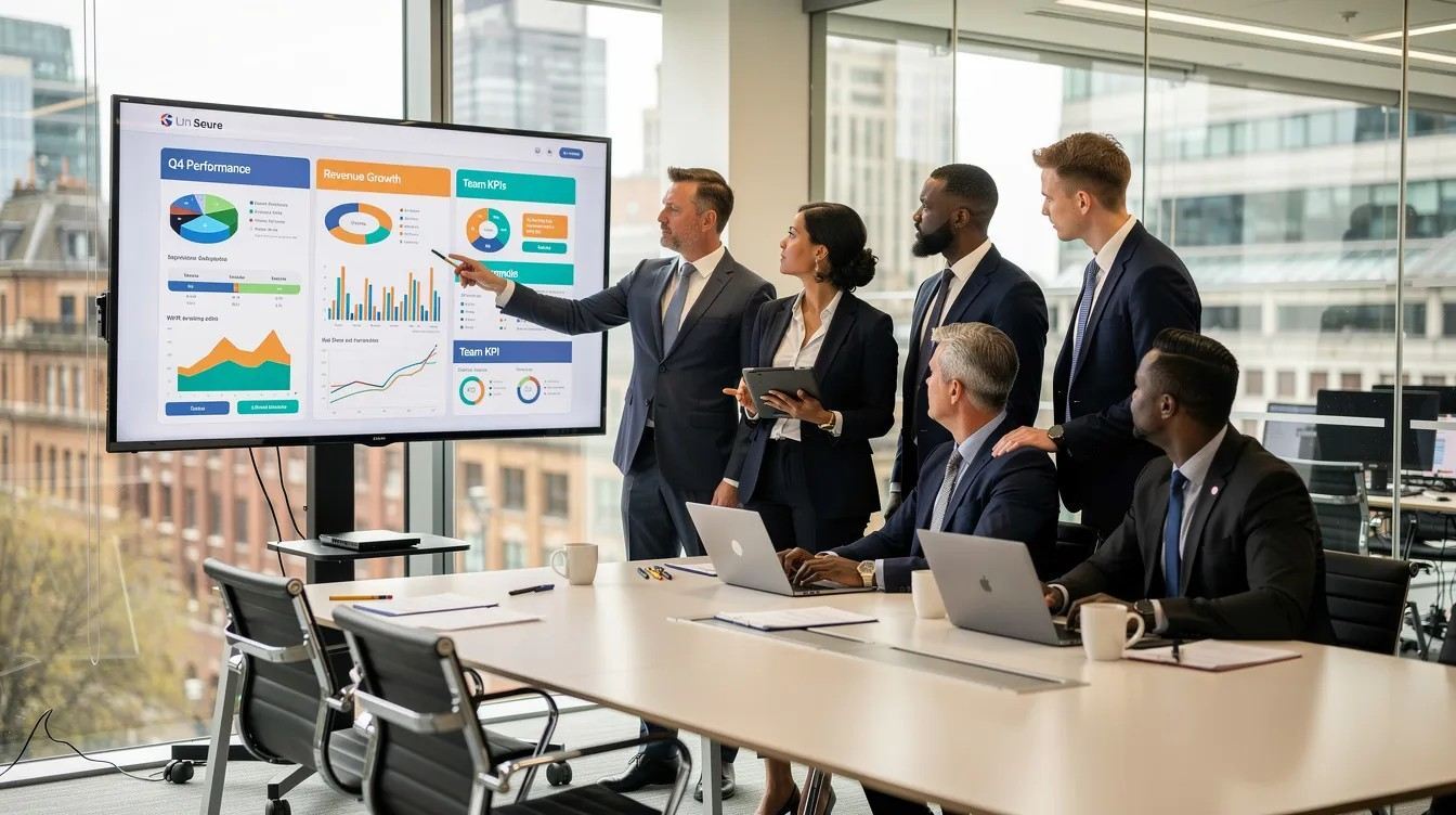 A UK office team in a collaborative workshop around a screen with charts, illustrating leadership alignment and planning for digital transformation strategy.