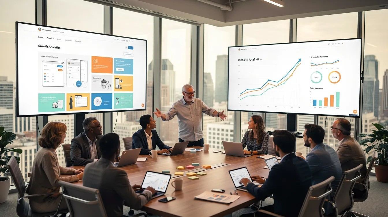 (Collaborative team meeting in a modern workspace, where team members are reviewing website growth charts and discussing project management for professional websites.)website development cost