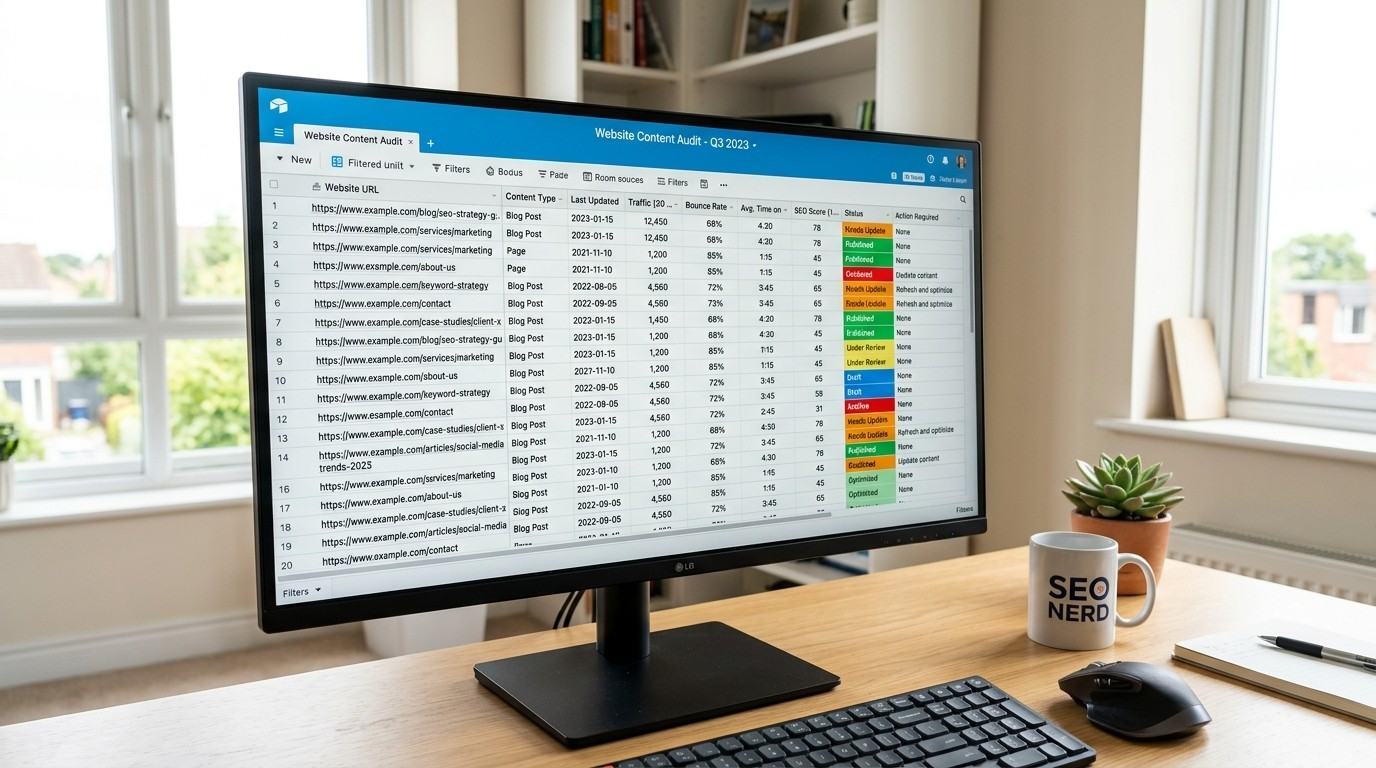 Spreadsheet on a computer monitor featuring rows of website URLs accompanied by color-coded status indicators, set in a bright workspace. This visual represents a content audit process, highlighting key metrics for evaluating website performance.