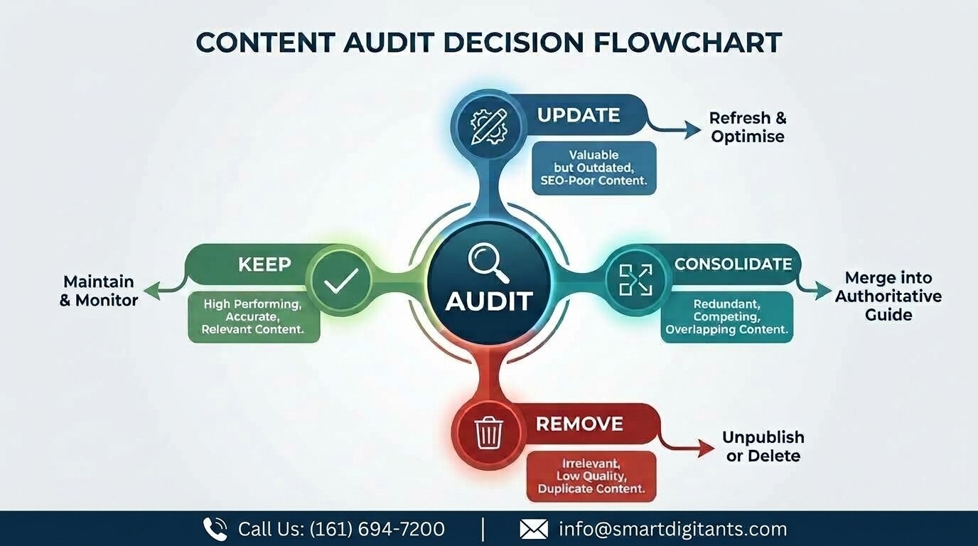 A flowchart with a central node labeled 'Audit,' branching out into four distinct paths: Keep, Update, Consolidate, and Remove, each represented by simple icons. This visual illustrates the website audit decisions for content management.