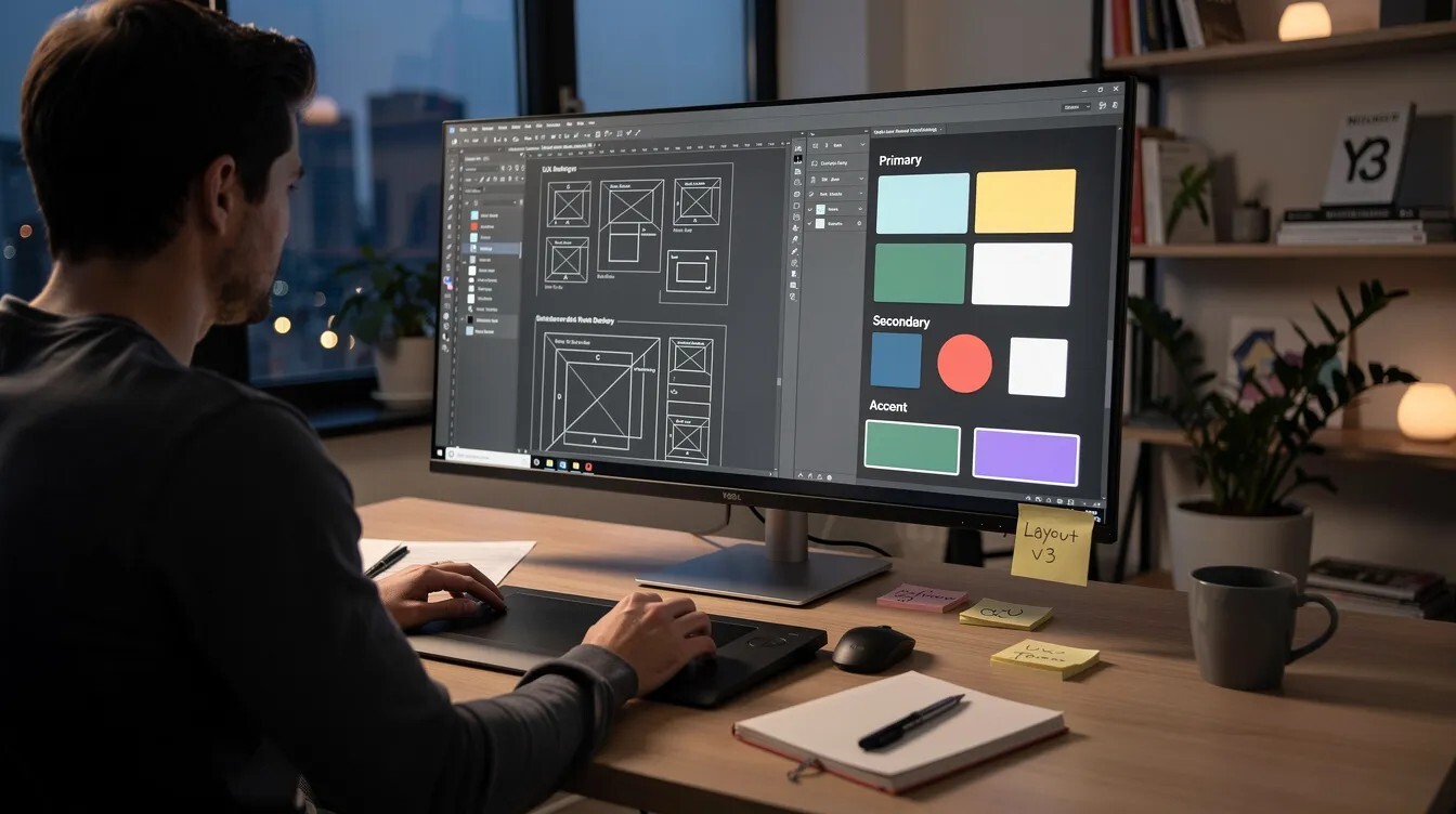 A web designer is focused on a large monitor displaying intricate website wireframes and vibrant color palettes, set within a creative studio environment. This scene highlights the essential aspects of web design and the costs involved in developing a professional website.