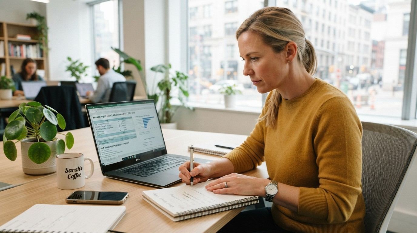 website development cost A small business owner is seated at a desk, intently reviewing pricing documents on a laptop while taking notes to calculate web development cost needed for their business.