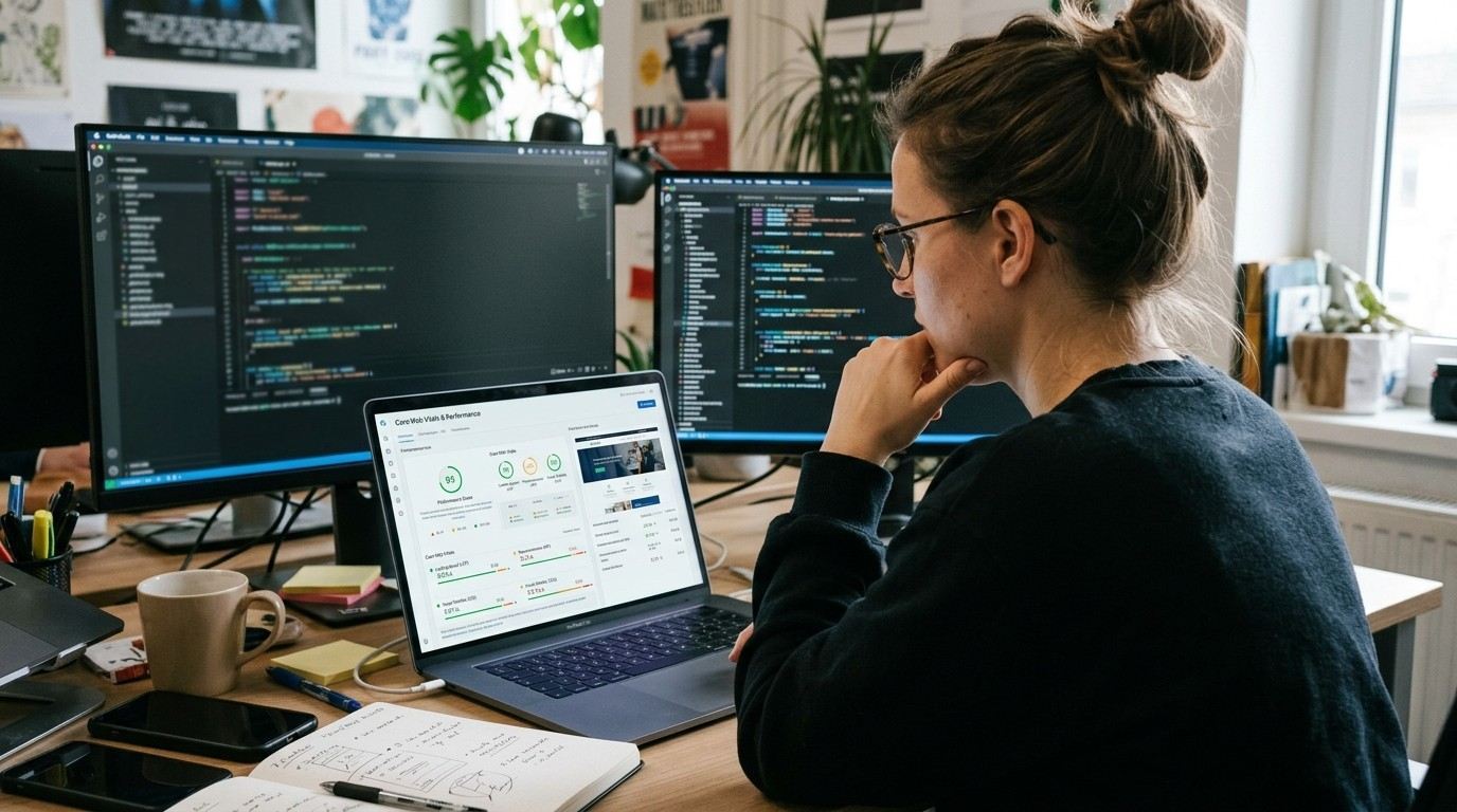 Website developer reviewing a performance dashboard on a laptop showing loading speed, responsiveness and page stability metrics for a business website, representing core web vitals and website performance optimisation.