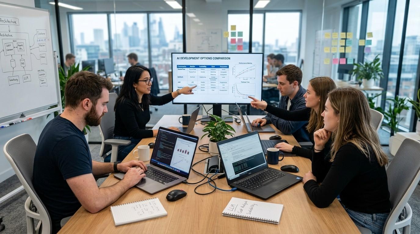 Software development team reviewing AI agent frameworks on laptops during a technical planning meeting, representing the comparison of LangGraph, CrewAI, Microsoft Agent Framework and OpenAI Agents SDK.