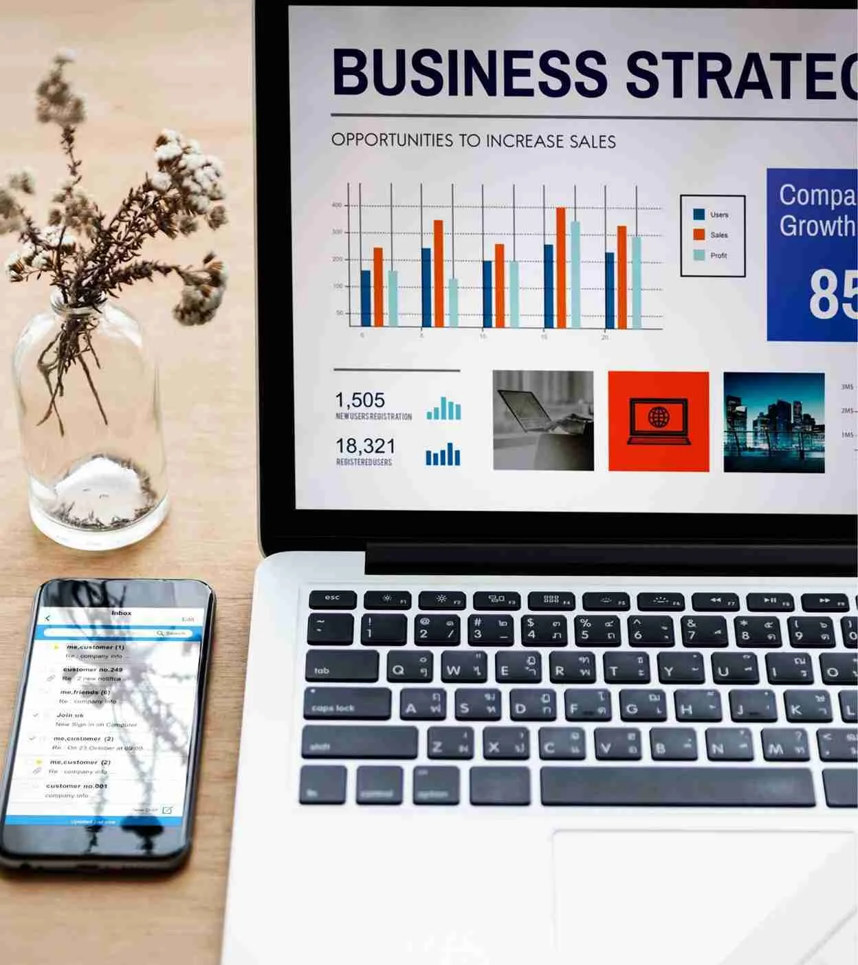 Laptop showing business analytics with charts.