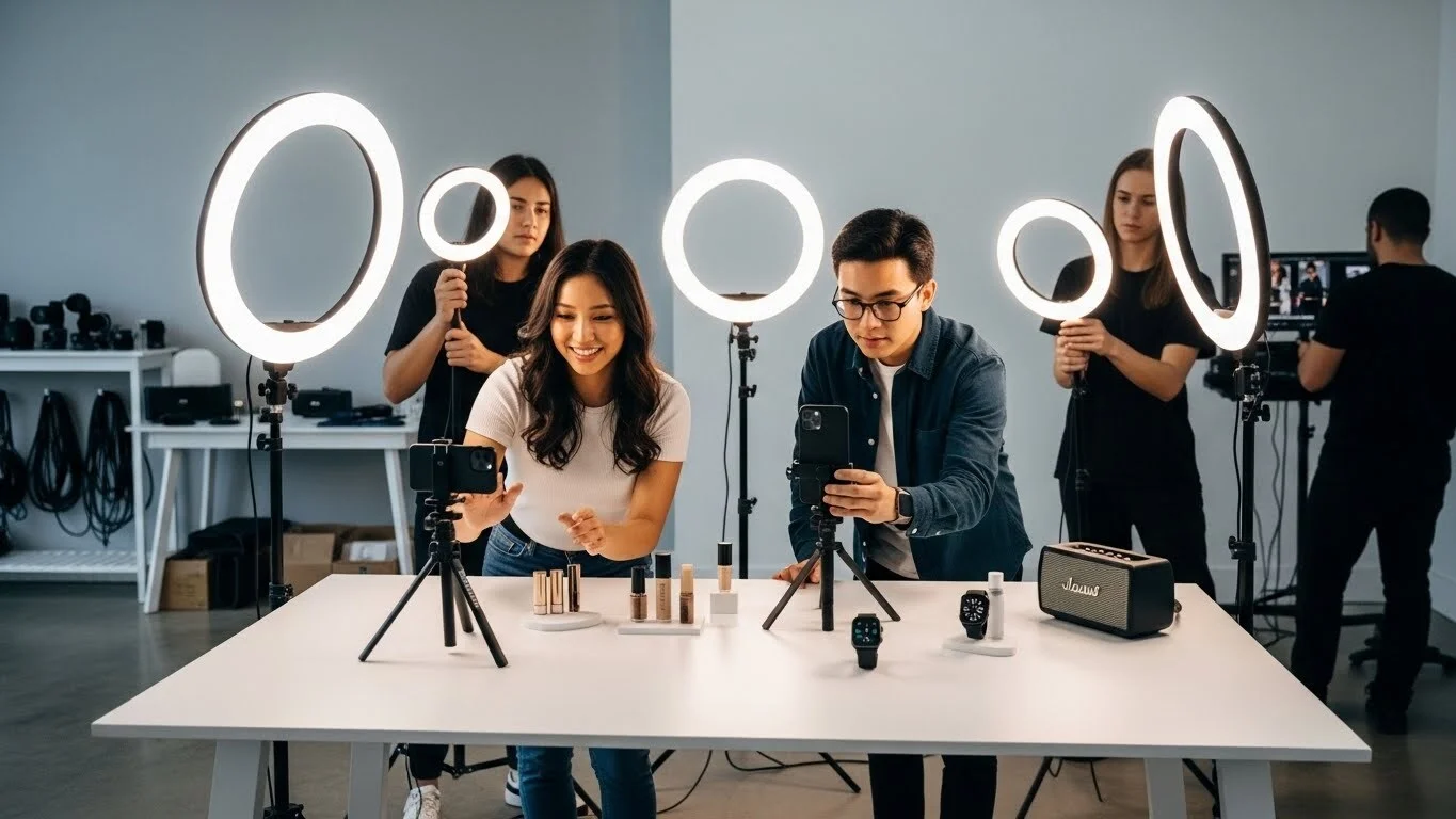 micro influencer strategy A group of content creators and micro influencers filming products with smartphones under bright ring lights in a modern studio space.