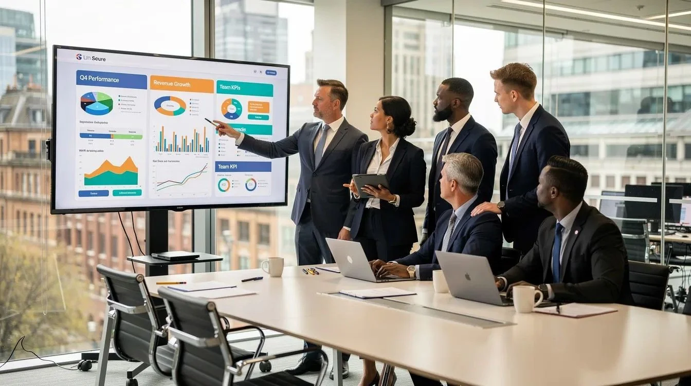 digital transformation strategy (1) A UK office team in a collaborative workshop around a screen with charts, illustrating leadership alignment and planning for digital transformation strategy.